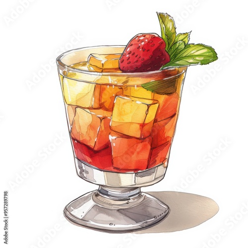 A hand-drawn illustration of a refreshing summer cocktail. The drink is in a glass with a short stem and features mango cubes, a strawberry, and a sprig of mint photo