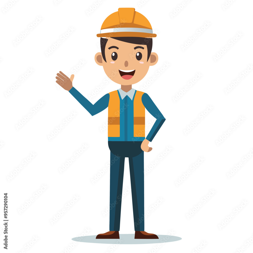 Cartoon Style Engineer Showing Wait Sign with Hand, Vector Illustration, Simple Character Design, Gesture Communication, Ideal for Websites, and Instructional Materials, Isolated on White Background Cartoon Style Engineer Showing Wait Sign with Hand, Vector Illustration, Simple Character Design, Gesture Communication, Ideal for Websites, and Instructional Materials, Isolated on White Background