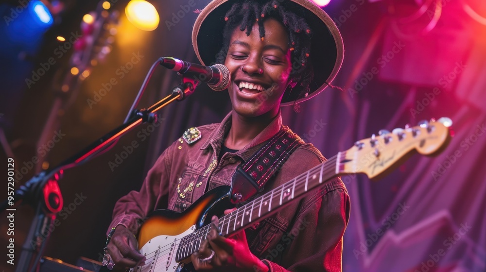 Obraz premium Joyful Musician Performing Live on Stage with Electric Guitar Under Vibrant Stage Lights