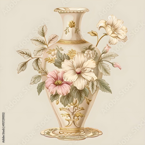 antique vintage beautiful ornate tall pink and gold floral painted ceramic vase, digital illustration clipart , hyper realistic retro old English