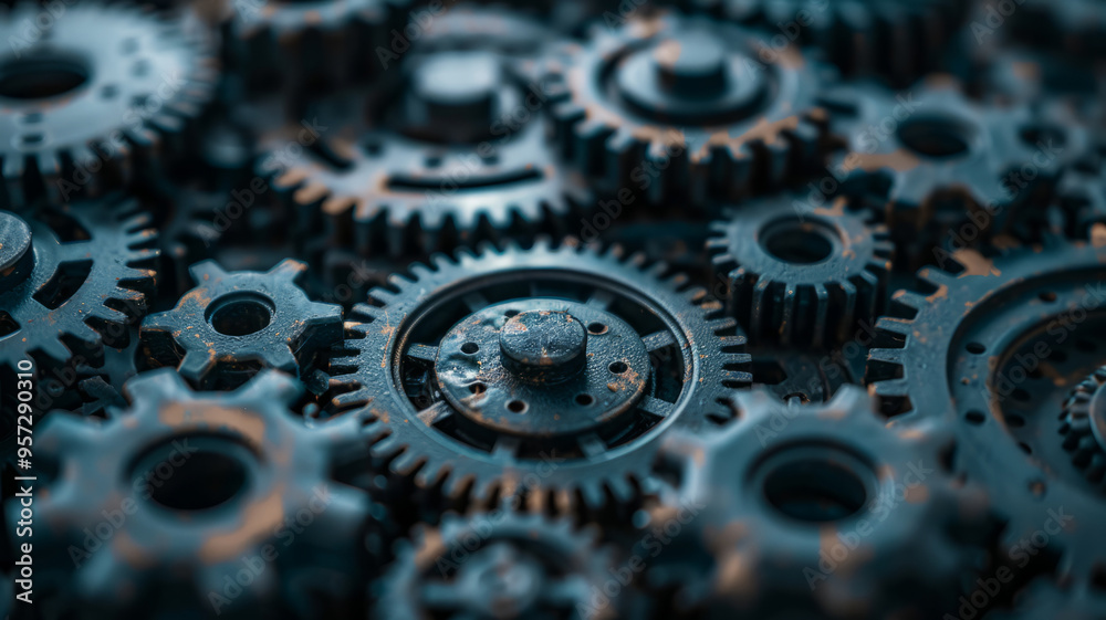 Close-up of interconnected gears and cogs. Close-up of interconnected gears and cogs.
