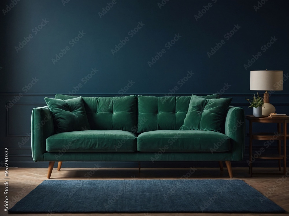 Soft Green Sofa on a Dark Blue Background in a Modern Minimalistic Living Room. Soft Green Sofa on a Dark Blue Background in a Modern Minimalistic Living Room.
