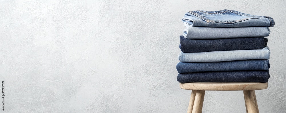 A stack of classic blue jeans arranged on a minimalist wooden stool, emphasizing the variety of washes and styles in denim fashion A stack of classic blue jeans arranged on a minimalist wooden stool, emphasizing the variety of washes and styles in denim fashion