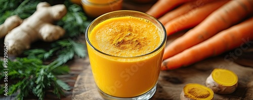 Carrot and ginger detox juice with turmeric, bright orange drink, detoxifying and rich in anti-inflammatory properties.