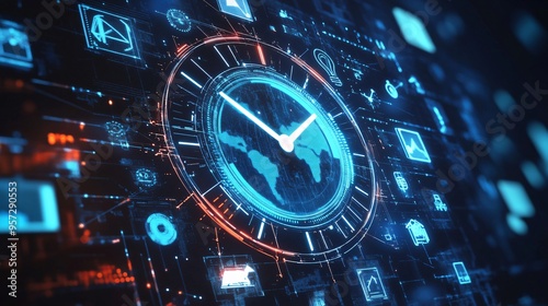 Abstract image of a digital clock with economic policy symbols, concept of timing in economic strategy