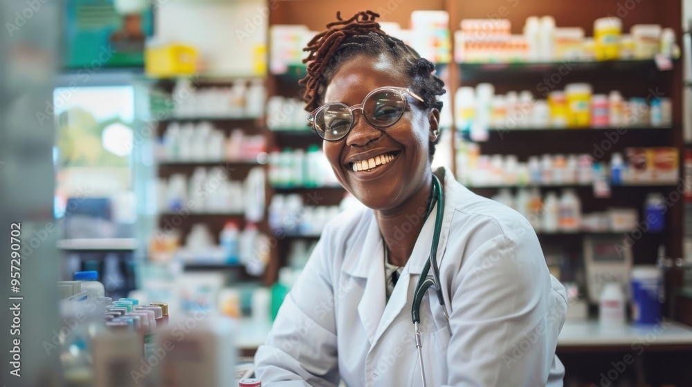 Friendly Pharmacist Smiling in a Modern Pharmacy with Shelves of Medicine and Healthcare Products Friendly Pharmacist Smiling in a Modern Pharmacy with Shelves of Medicine and Healthcare Products