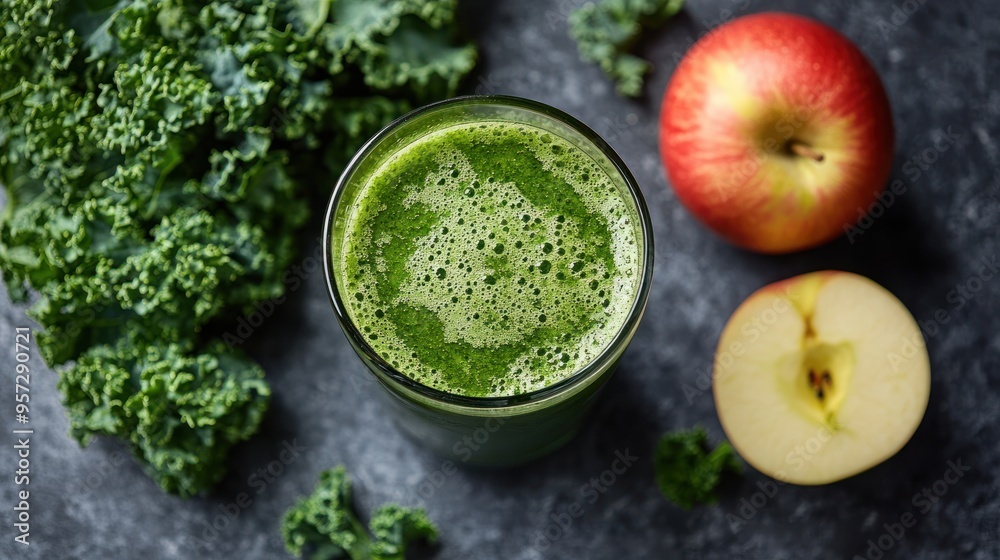 A glass of green juice with kale, spinach, and apple A glass of green juice with kale, spinach, and apple