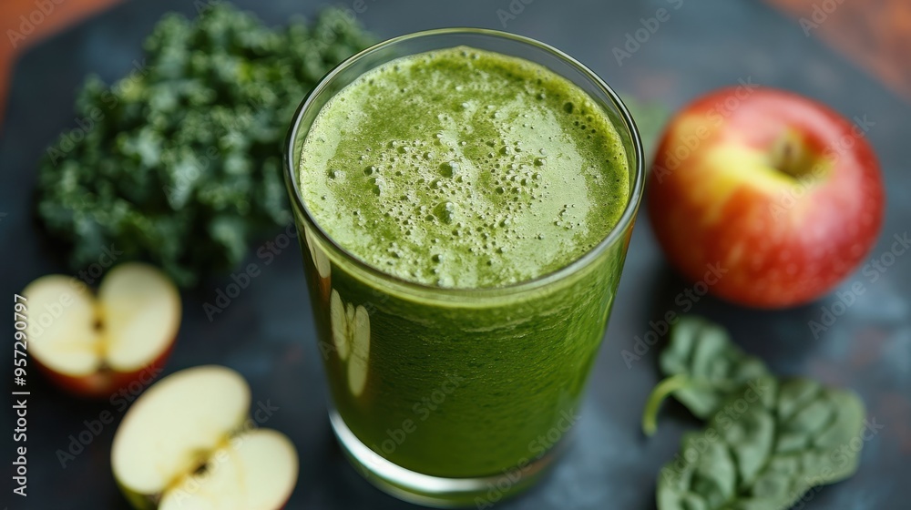 A glass of green juice with kale, spinach, and apple A glass of green juice with kale, spinach, and apple