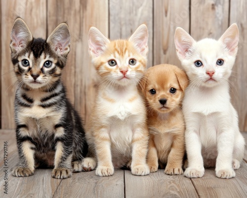 Adorable lineup of kittens and puppies sitting side by side on a wooden floor, each with their own curious expressions and unique fur patterns