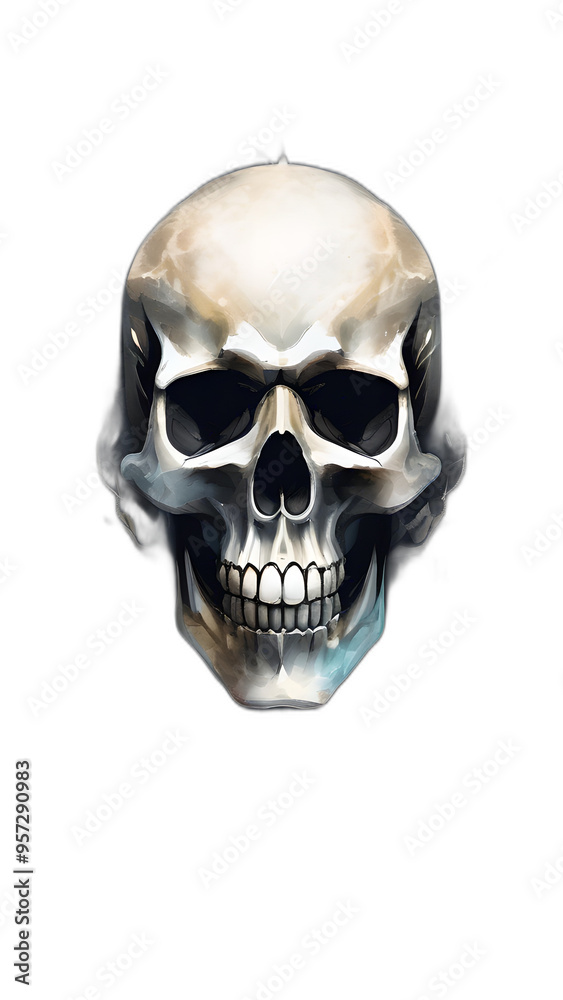 Eerie Skull: Glowing Eyes & Mysterious Mist on White Background Eerie Skull: Glowing Eyes & Mysterious Mist on White Background