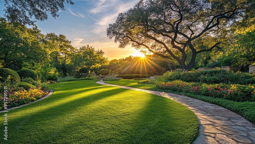 A large, well-maintained lawn with perfectly trimmed grass in the center of an elegant garden at sunset A large, well-maintained lawn with perfectly trimmed grass in the center of an elegant garden at sunset