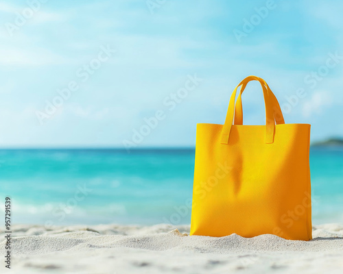 Close-up of a bright yellow beach tote on the sand, surrounded by the serene backdrop of turquoise water and a clear sky