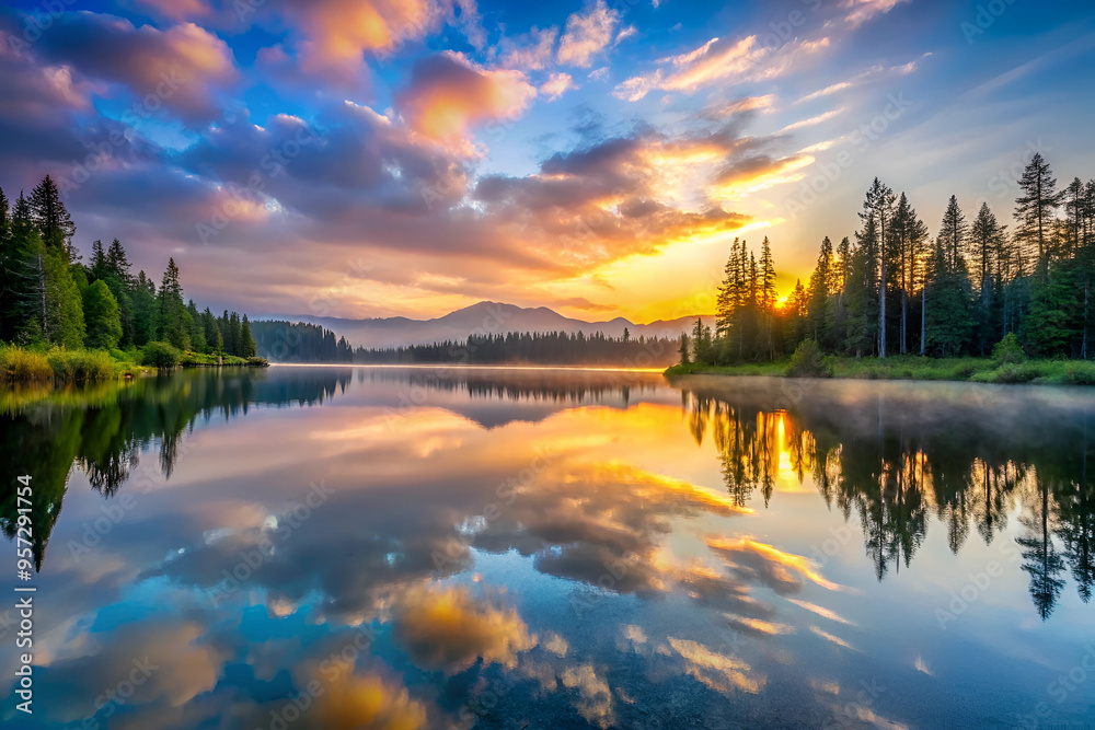 Obraz premium A beautiful lake with a sunset in the background. The sky is filled with clouds and the sun is setting. The reflection of the trees and the sky can be seen in the water