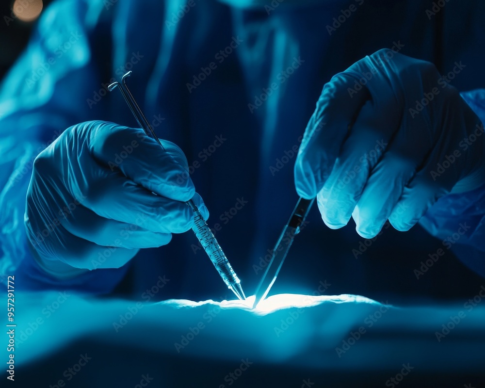 Close-up of a surgeons hands in sterile gloves, delicately handling surgical instruments under focused light, capturing the precision and skill of surgery Close-up of a surgeons hands in sterile gloves, delicately handling surgical instruments under focused light, capturing the precision and skill of surgery