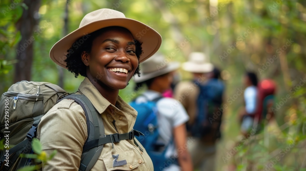 Smiling Hiker in Forest with Group of Backpackers on Nature Trail Adventure Smiling Hiker in Forest with Group of Backpackers on Nature Trail Adventure