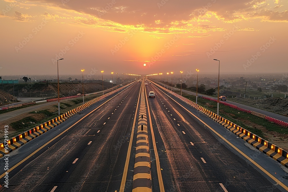 A long highway with a sunset in the background A long highway with a sunset in the background
