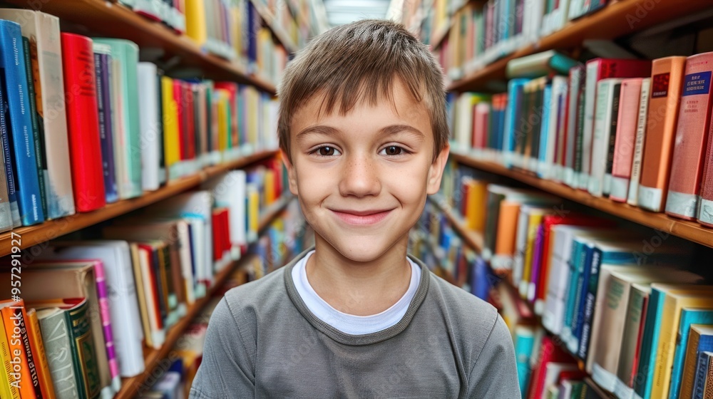 A boy standing in a library, smiling and looking straight into the camera. A boy standing in a library, smiling and looking straight into the camera.