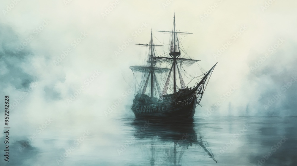 Abandoned pirate ship, haunted by spirits, eerie fog, Watercolor style Abandoned pirate ship, haunted by spirits, eerie fog, Watercolor style