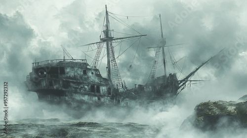 Abandoned pirate ship, haunted by spirits, eerie fog, Watercolor style photo