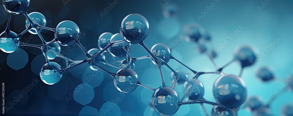 Science with blue molecule or atoms connected , Abstract structure for medical use, 3d illustration or cartoon style. wide banner