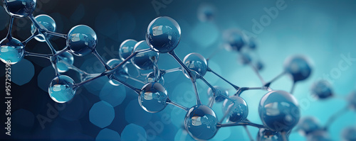 Obraz na płótnie Science with blue molecule or atoms connected , Abstract structure for medical use, 3d illustration or cartoon style. wide banner w salonie