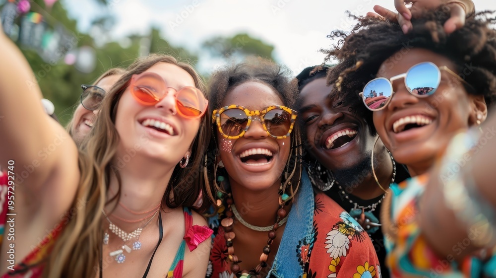 Group of Friends Enjoying Outdoor Festival, Smiling and Taking Selfie with Colorful Sunglasses and Accessories Group of Friends Enjoying Outdoor Festival, Smiling and Taking Selfie with Colorful Sunglasses and Accessories