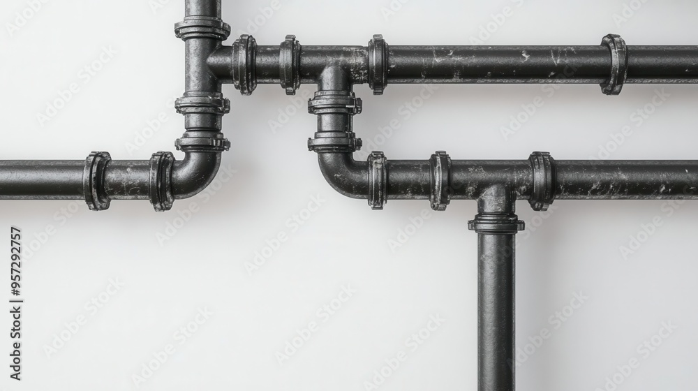 Close-up of industrial black pipes arranged in a complex design against a clean white background, highlighting modern architecture. Close-up of industrial black pipes arranged in a complex design against a clean white background, highlighting modern architecture.