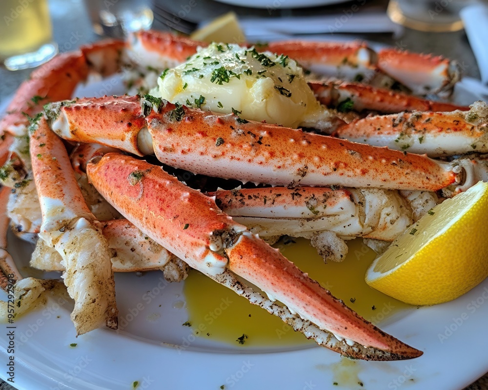 Crab legs on a plate, served with melted butter, seafood feast Crab legs on a plate, served with melted butter, seafood feast