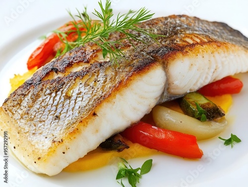 Fresh sea bass fillet, panseared and served with a side of vegetables photo