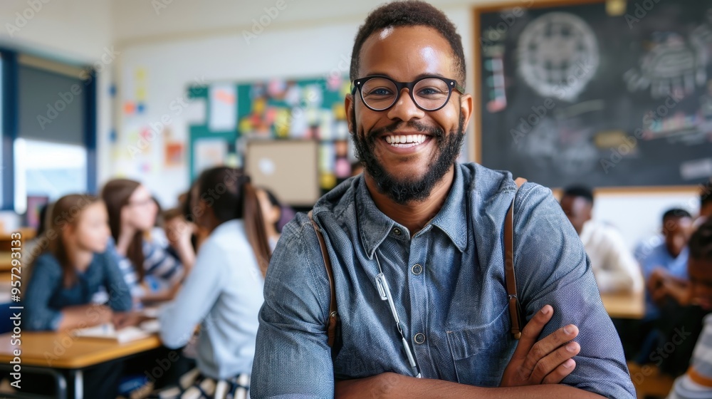 Smiling Young Man in Classroom Setting with Chalkboard and Students in Background Smiling Young Man in Classroom Setting with Chalkboard and Students in Background