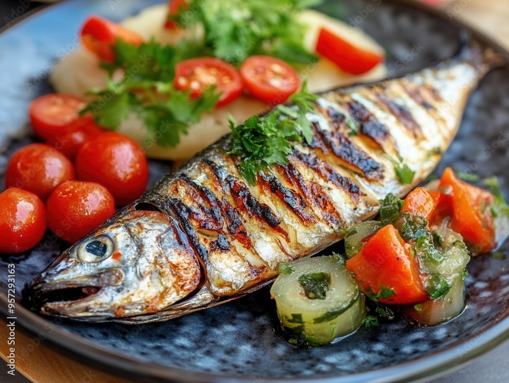 Grilled mackerel with a side of pickled vegetables, traditional seafood dish Grilled mackerel with a side of pickled vegetables, traditional seafood dish