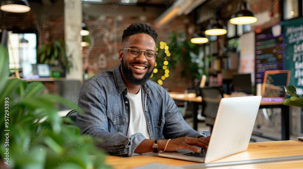 Smiling Man Working on Laptop in Modern Office with Plants and Exposed Brick Walls Smiling Man Working on Laptop in Modern Office with Plants and Exposed Brick Walls