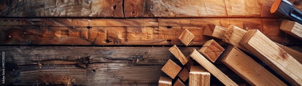 Top view of wooden planks and blocks on rustic wooden background with natural light, perfect for carpentry or woodworking projects. Top view of wooden planks and blocks on rustic wooden background with natural light, perfect for carpentry or woodworking projects.