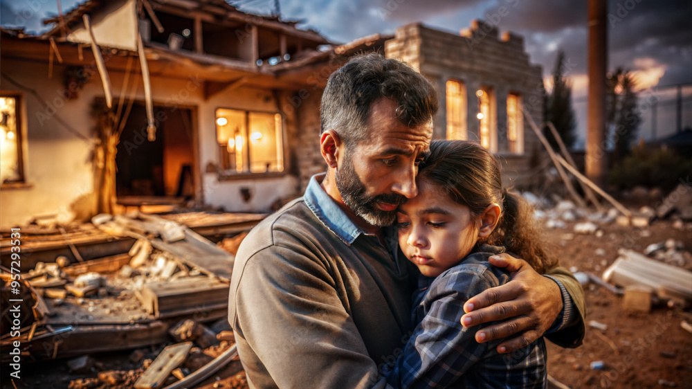 Portrait of father and daughter hugging each other in front of destroyed house Portrait of father and daughter hugging each other in front of destroyed house