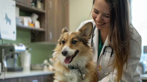 Veterinarian Smiling While Examining a Happy Dog in a Modern Veterinary Clinic photo