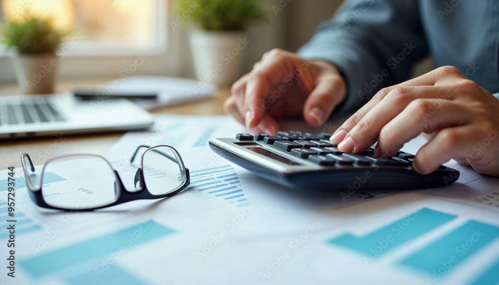 A person's hands using a calculator and working on financial documents on a desk, with a pair of glasses visible