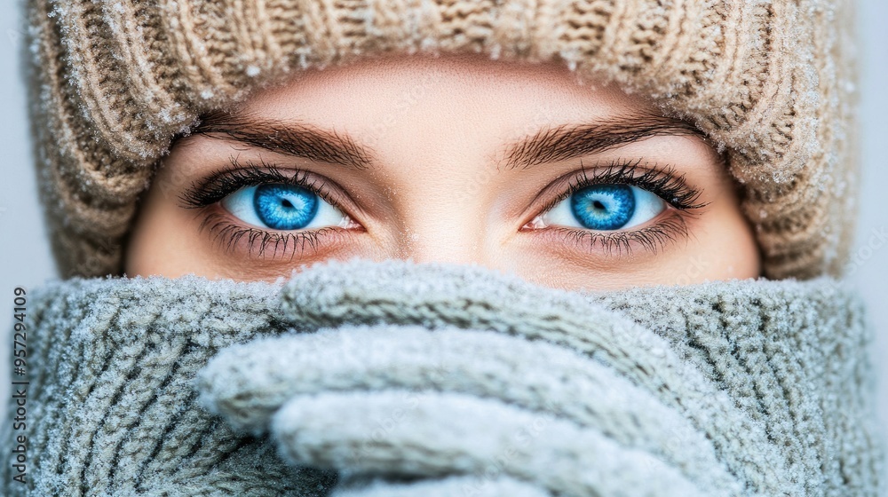 A close-up of a curious woman's blue eyes framed by snow, dressed warmly in black winter attire on a chilly day