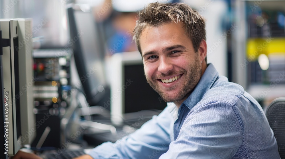 Smiling Young Professional Working at Computer in Modern Office Environment Smiling Young Professional Working at Computer in Modern Office Environment