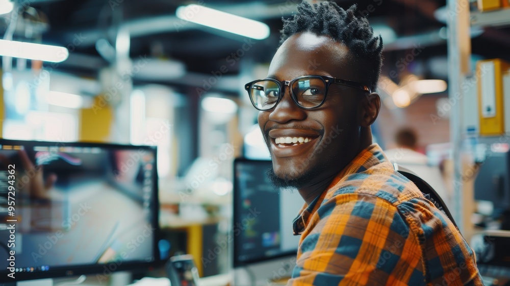Young Professional Smiling at Workstation in Modern Office with Multiple Computer Screens and Bright Lighting Young Professional Smiling at Workstation in Modern Office with Multiple Computer Screens and Bright Lighting