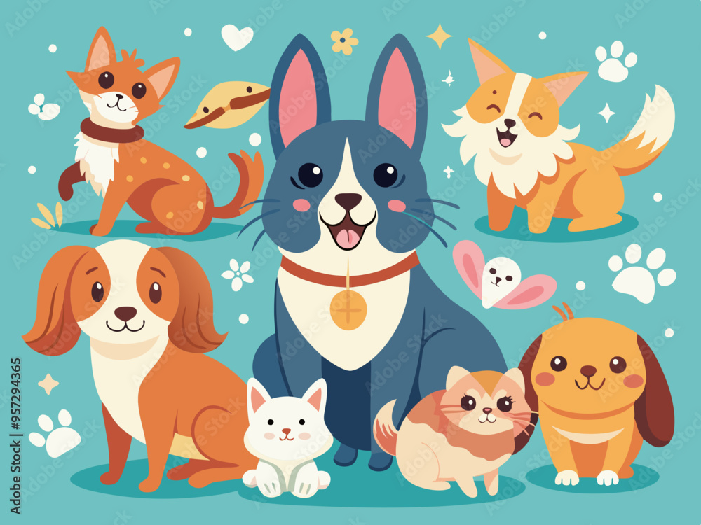 Fototapeta premium Charming doodles of different pets such as cats, dogs, and rabbits in playful poses