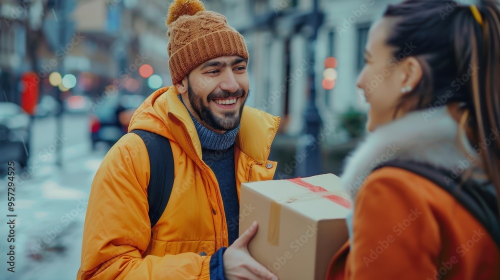 Smiling Man in Winter Clothing Receiving a Package from a Woman on a Snowy Street Smiling Man in Winter Clothing Receiving a Package from a Woman on a Snowy Street