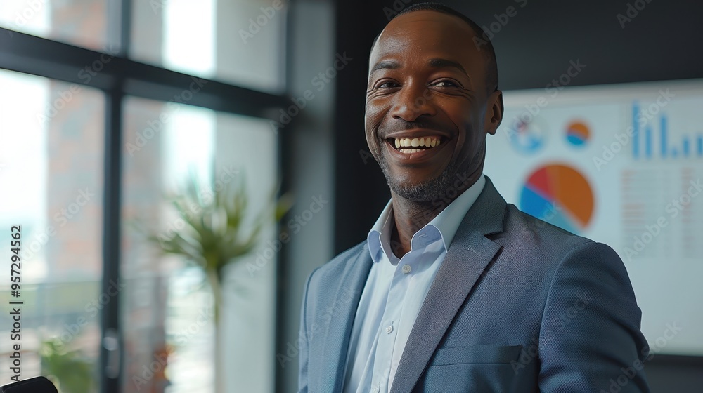 Confident Business Professional Smiling in Modern Office with Charts and Graphs in Background Confident Business Professional Smiling in Modern Office with Charts and Graphs in Background
