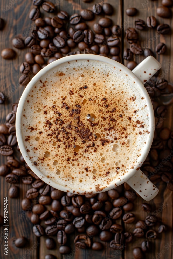 Cup Of Freshly Brewed Coffee With Milk Foam And Cinnamon On Wooden Table Surrounded By Coffee Beans. Cup Of Freshly Brewed Coffee With Milk Foam And Cinnamon On Wooden Table Surrounded By Coffee Beans.