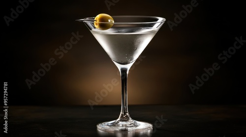 A martini glass with a perfectly balanced martini and an olive