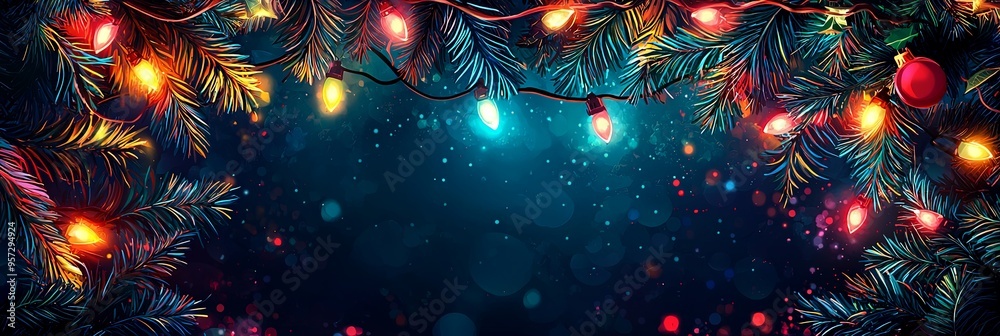 Christmas tree branches festooned with brightly colored lights, set against a deep blue night sky, capturing the festive and electrifying spirit of the winter holiday season. Christmas tree branches festooned with brightly colored lights, set against a deep blue night sky, capturing the festive and electrifying spirit of the winter holiday season.