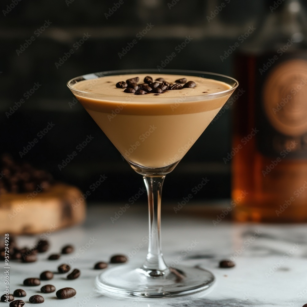 A martini glass with a perfectly crafted espresso martini, with coffee beans as garnish A martini glass with a perfectly crafted espresso martini, with coffee beans as garnish