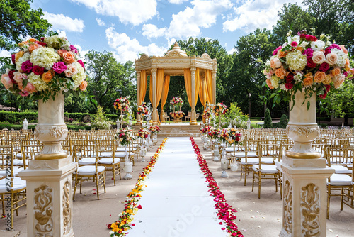 a wedding mandap, adorned with golden drapes, colorful flowers, and ornate pillars, set against a backdrop of lush greenery photo