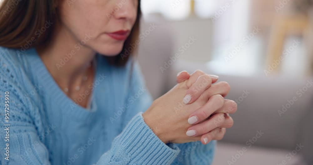 Sad woman, hands or thinking of stress in home with anxiety for choice, memory or regret in living room. Fear, worried or closeup of scared female person remembering trauma, decision and flashback Sad woman, hands or thinking of stress in home with anxiety for choice, memory or regret in living room. Fear, worried or closeup of scared female person remembering trauma, decision and flashback