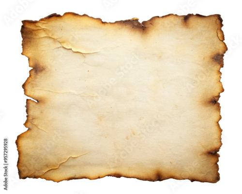 Aged paper with scorched and burnt edges showing visible creases and wear. The image offers a vintage feel, ideal for historical or themed designs. Isolated on transparent background, png.