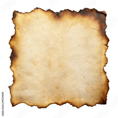 Old burnt paper with singed edges and visible cracks. The image evokes an antique, vintage feel, perfect for backgrounds or historical themes. Isolated on transparent background, png. photo